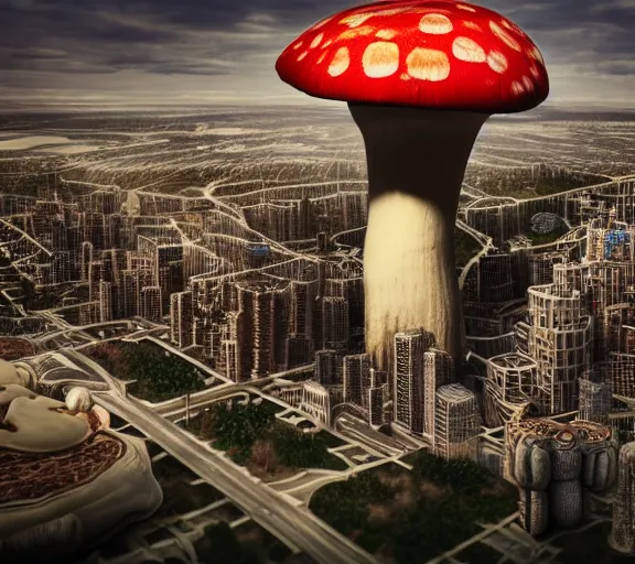 Image similar to a city built upside down from a cap of a giant mushroom. highly detailed 8 k. intricate. lifelike. soft light. nikon d 8 5 0. cinematic post - processing