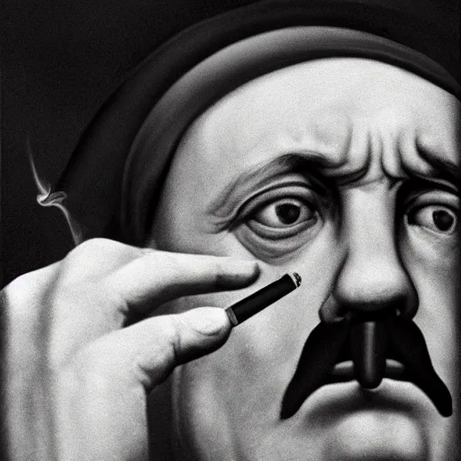 Image similar to Hitler smoking a fat joint, close up photography, photorealism