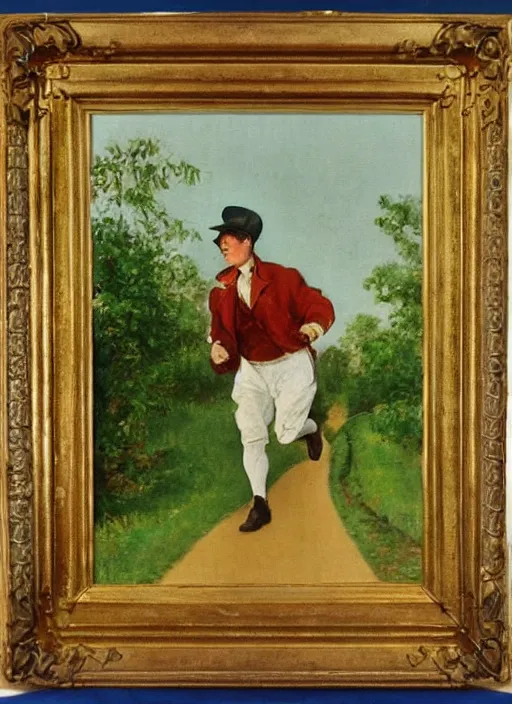 Prompt: vintage beautiful painting of a man running away from an overgrown dark green village full of pears in Mary Cassatt style