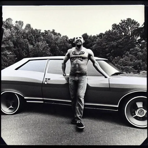 Image similar to joe rogan with an afro, 1 9 7 0's, pontiac car, new jersey, polaroid photo, alien buddy, leaning on car, relaxed and happy, alien buddy is pointing at the sky, laughing. 1 9 7 6, award winning photo