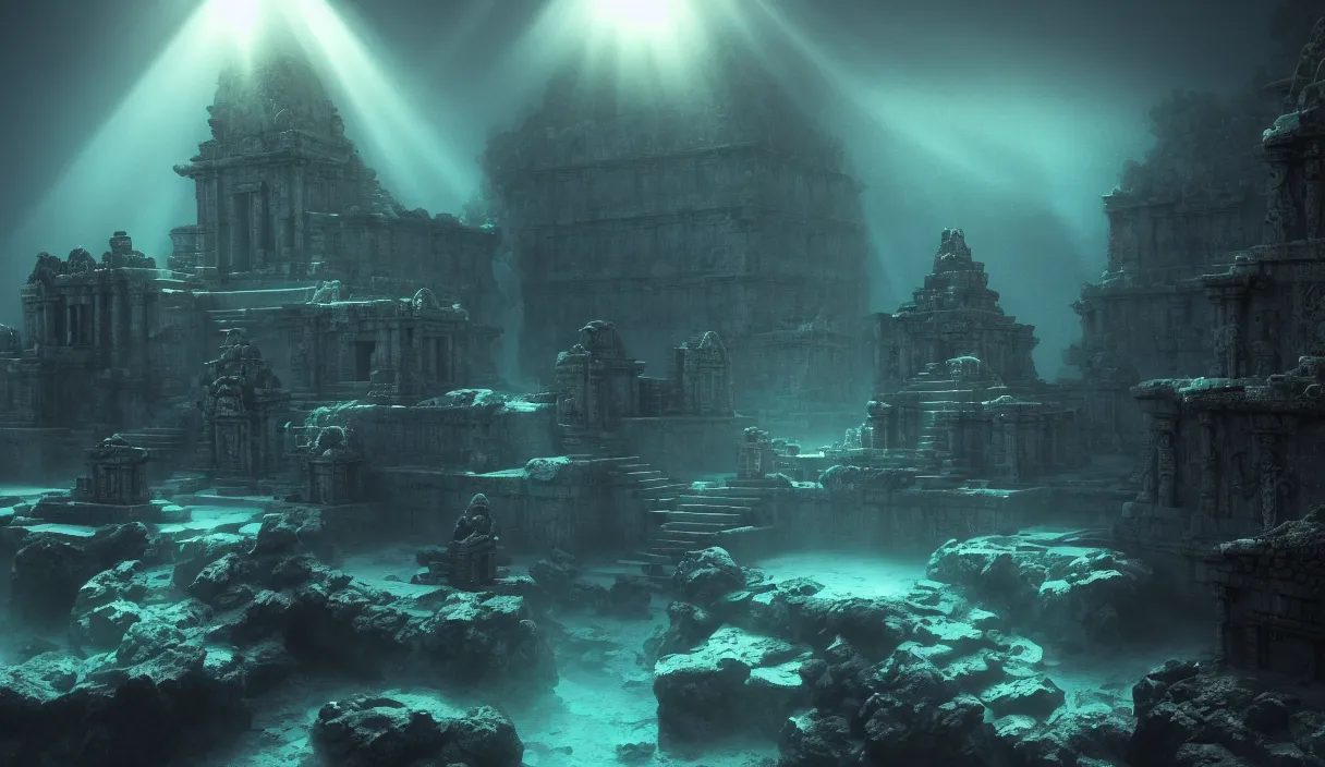 Image similar to low ultrawide shot, dark, underwater statues, submerged pre - incan temple with carvings, abyss, stylized, anime style mixed with fujifilm, detailed gouache paintings, crepuscular rays, dark, murky, foggy, atmospheric, artstation, cgsociety, unreal engine 5, octane render