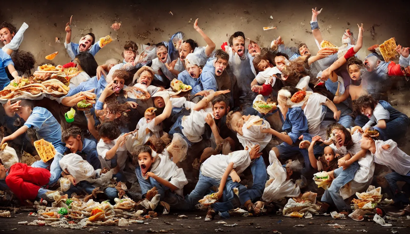 Image similar to in a dirty fast food restaurant disheveled children in rags obese men in suits and old people fighting over piles half eaten rotting fast food, money thrown and floats in the air, hyper realistic photo, full colour, upscale, 8 k, masterpiece,