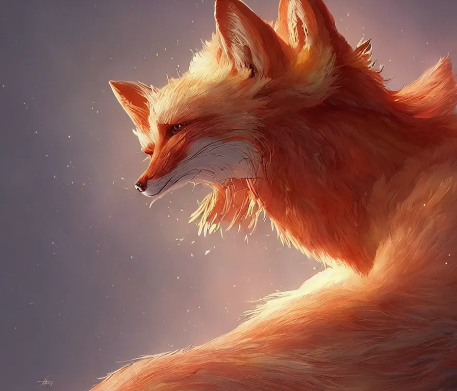 Prompt: three - tailed fox, realistic, canon eos, 4 5 mm bokeh, extremely detailed, detailed fur, unreal engine 5, rtx reflections, concept art by artgerm, greg rutkowski, alphonse mucha