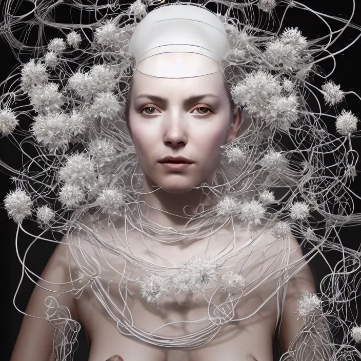 Image similar to hyperrealist portrait of a symmetrical queen 2 0 4 4 space sport engineer, it is decorated with long white wires and white flowers that fall like vines and wears a huge computer crown by roberto ferri, fantasy art, photo realistic, dynamic lighting, unreal engine rendered, artstation, poster, dramatic light, very detailed faces, - 8 k, award winning
