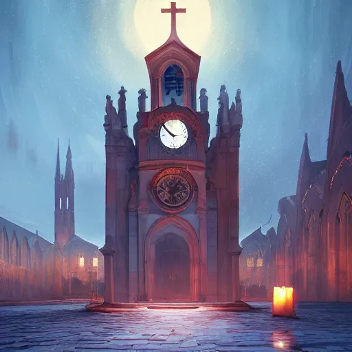 Prompt: ilustration, a cathedral under the red moon with a huge clock in the middle of the church, characterized by roman shipunov, etienne hebinger, atey ghailan, cgsociety, cynical realism, fantasy art, 2 d game art