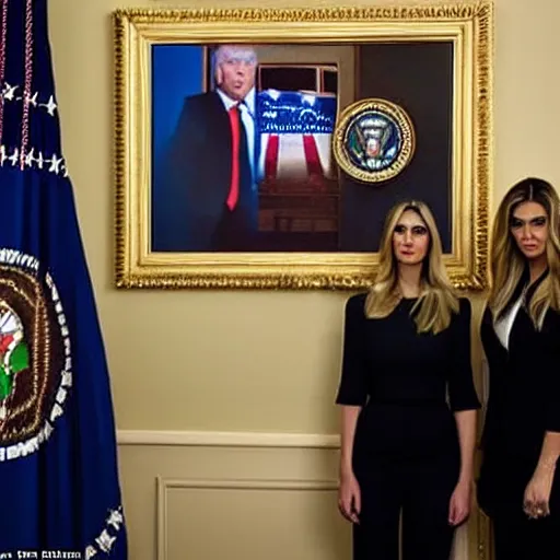 Prompt: FBI agents standing in front Donald’s trump safe in his office with a painting of Ivanka trump hanging over the safe