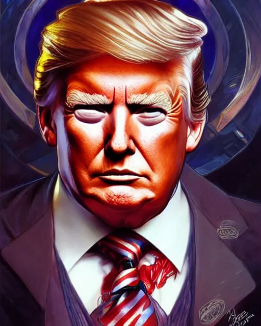 Image similar to smirky donald trump painted by artgerm and greg rutkowski and alphonse mucha. clear highly detailed face, beautiful sci fi art