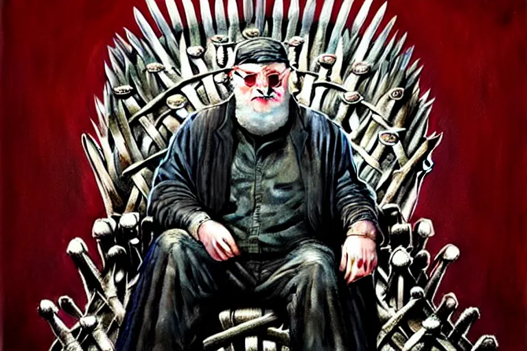 Prompt: poster portrait of george r r martin in “ game of thrones ” ( 1 9 8 4 ). background is the iron throne. artwork, 4 k digital art, neon, 8 0's style tomasz alen kopera, peter mohrbacher, donato giancola, ilya repin, drew struzan hyperrealistic oil painting, gothic horror, frank frazetta