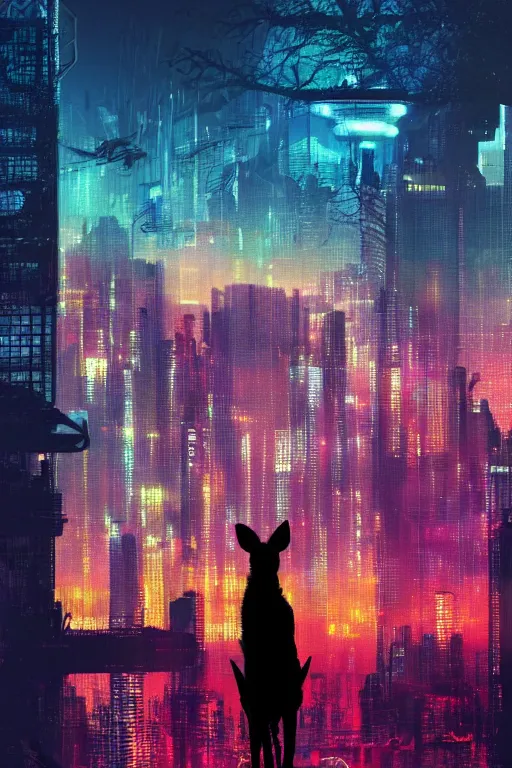 Prompt: an african wild dog, silhouette against a cyberpunk cityscape, neon, mountains, mist, giant trees, tower blocks, clubs, aircraft, detailed, trending on artstation, by paul lehr
