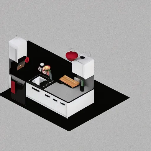 Image similar to isometric minimalistic chubby kitchen, 3 d illustration, 1 0 0 mm, depth of field, octane render, studio lighting