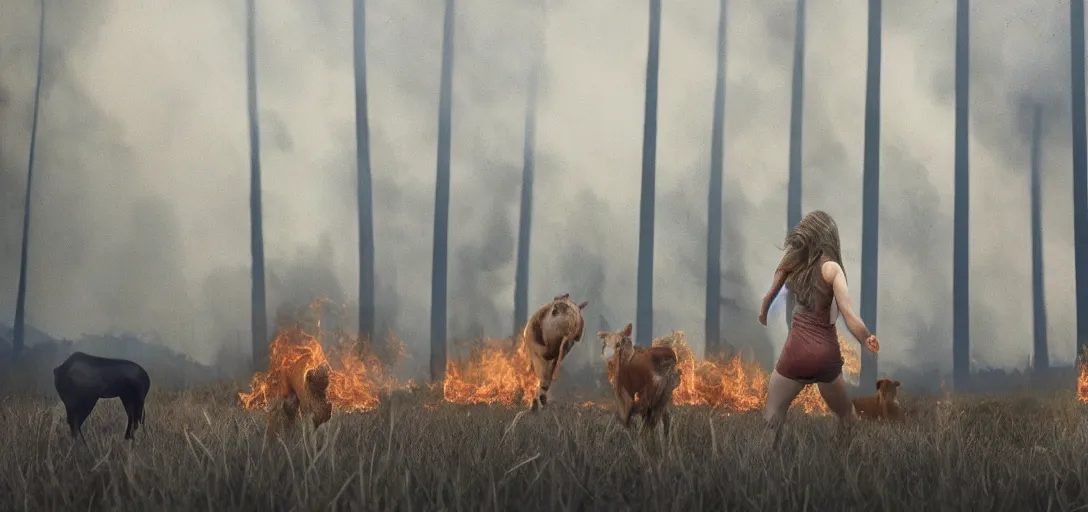 Prompt: full portrait of a young woman and farm animals running from a forest fire, smoke, flames, dark, gloomy, horror, screaming, a small farm is burning in the distance, insanely detailed, photorealistic, cinematic, dramatic lighting,