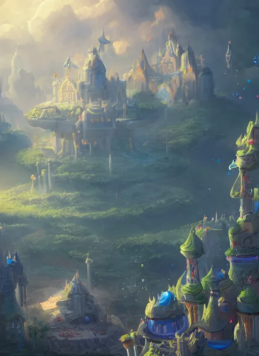 Image similar to foam priest and his bubble kingdom, beautiful landscape, highly detailed, flying buildings, palace, bubble trees, artstation, masterpiece, art by dylan kowalski and huifeng huang