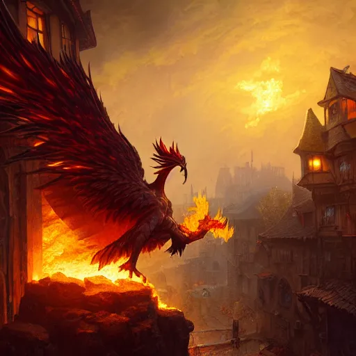 Image similar to Anthropomorphic phoenix in fire flying through a medieval town by night, DnD character, unreal engine, octane render, dramatic lighting, pond, digital art, by Stanley Artgerm Lau, greg rutkowski, thomas kindkade, alphonse mucha, loish, norman Rockwell