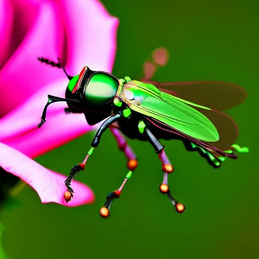 Image similar to rose chafer with quadcopter drone wings creating turbulence above rose flowers black background