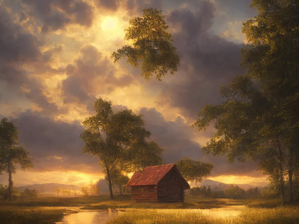 Image similar to a oil painting of a serene landscape with a singular wooden house at sunrise, concept art, octane render, unreal engine 5, trending on deviantart, highly detailed, high quality, oil painting, digital painting l, masterpiece, hyperrealistic, breathtaking landscape, soft lighting, godrays, complementary colors, natural lighting