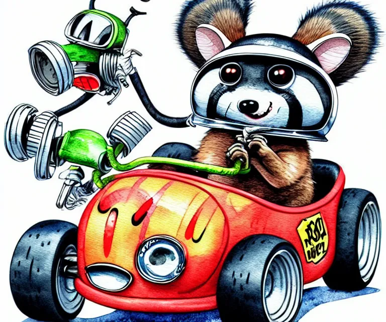 Prompt: cute and funny, racoon wearing a helmet riding in a tiny hot rod with oversized engine, ratfink style by ed roth, centered award winning watercolor pen illustration, isometric illustration by chihiro iwasaki, edited by range murata