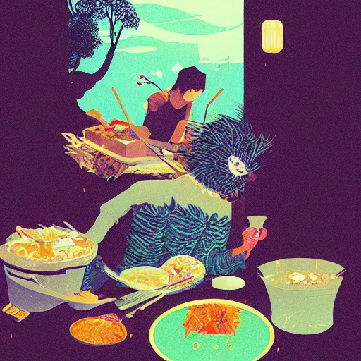 Prompt: illustration of the best meal, by Victo Ngai and James Gilleard and Bruce Pennington