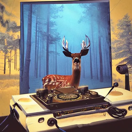 Image similar to “a crowded chukcha rave detailed photo with a deer playing tracks on the turntables in tundra, matte painting”