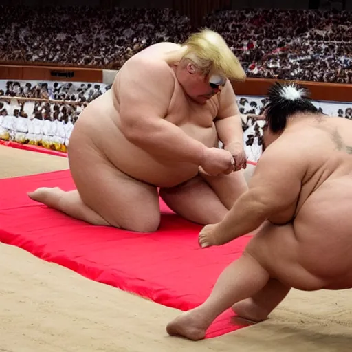 Prompt: a photo of donald trump at the sumo wrestling championships, extremely detailed