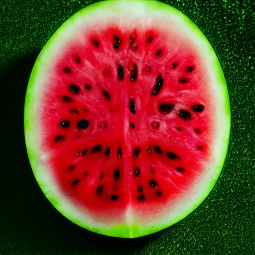 Prompt: extreme close up of a small broken piece of ripe seeded watermelon, dim iridescence, 4K, HDR, octane render