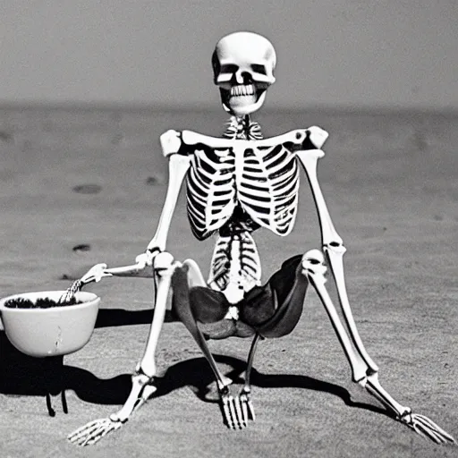 Image similar to a cool anatomical skeleton eating raman at long beach, high noon
