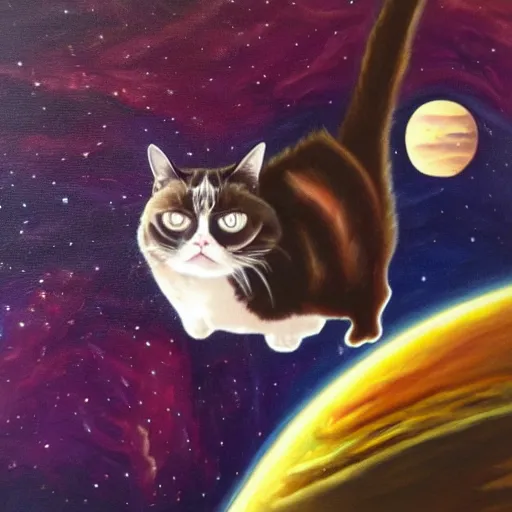 Prompt: A grumpy cat sitting on the top of planet earth in space, oil painting