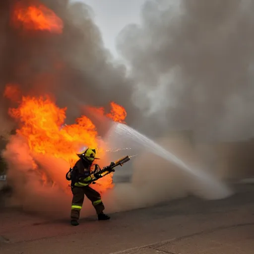 Image similar to photo of a firefighter using a flamethrower. award-winning, highly-detailed