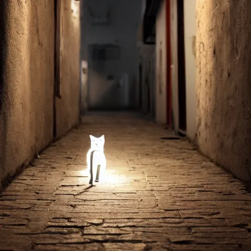 Image similar to cat made only out of bones, walking in an alley with a single lamp in it at night, 8 k, digital, calm, expressive, ray tracing, 4 k, highly detailed,