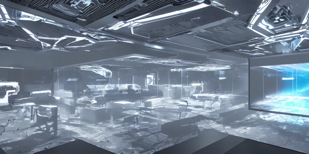 Image similar to stunning futuristic AI lab, projection screens, immersive graphics