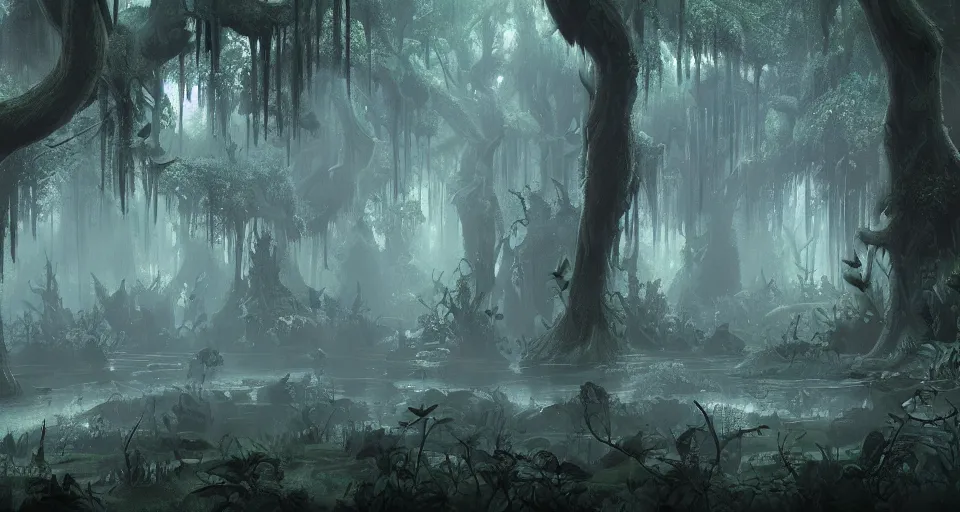 Image similar to A dense and dark enchanted forest with a swamp, by Blizzard Concept Artists