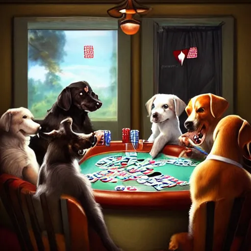 Image similar to dogs playing poker, digital art, artstation, high details