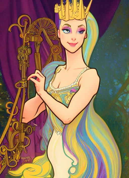 Prompt: oil portrait of princess celestia from my little pony, intricate, elegant, highly detailed, lighting, painting, artstation, smooth, illustration, art by greg rutowski and alphonse mucha