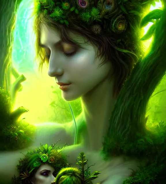 Prompt: ancient graveyard with beautiful female spriggan wearing green leaf halter top, perfect face, dark green leaf hair, with abs, cinematic, blush, stunning, elegant, highly detailed, psychedelic, digital painting, artstation, smooth, hard focus, illustration, art by jessica rossier and and brian froud