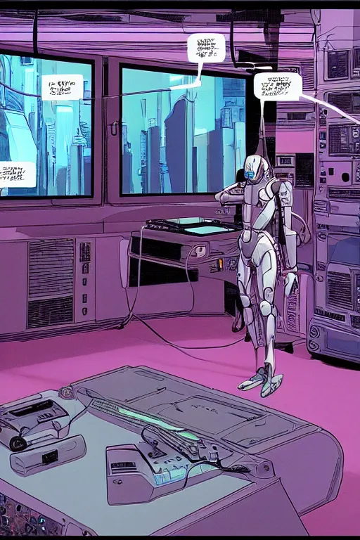 Image similar to a comic illustration of an android connected to a computer console by wires, the console is tall and imposing, there are many cables on the floor, futuristic, ghost in the shell, cyberpunk, neon colors, art by Moebius