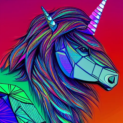 Prompt: a psychedelic neon technicolor portrait illustration of a low poly unicorn in geometric kaleidoscopic colors trending on artstation 4 k intricate extremely detailed digital art