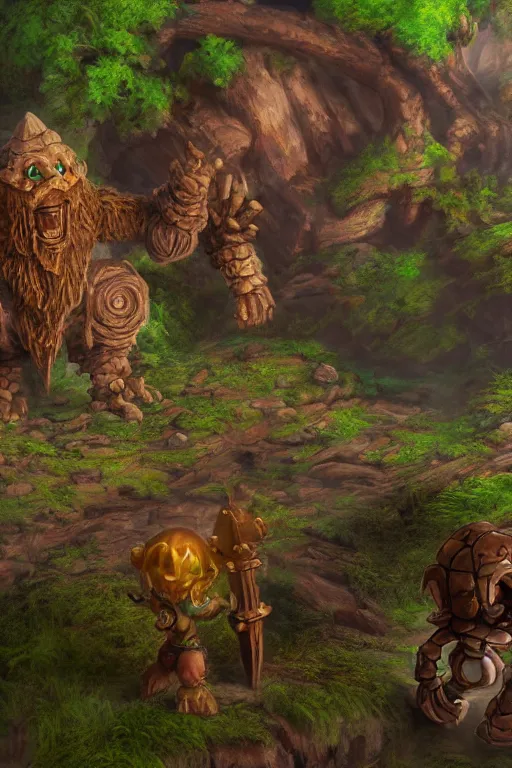 Image similar to zelda fantasy art giant golem troll wood rock greeble gemstone, global illumination ray tracing hdr fanart arstation by sung choi and eric pfeiffer and gabriel garza and casper konefal