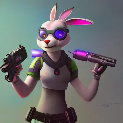 Image similar to super cute cyberpunk bunny, holding a gun, pixar, zootopia, cgi, trending on artstation