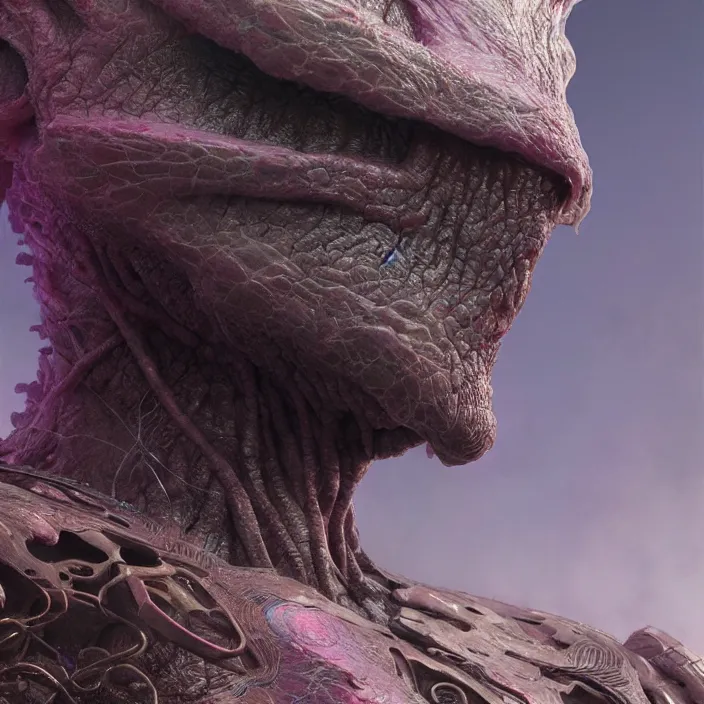 Image similar to a portrait of a character in a scenic environment by wayne barlowe and nihei tsutomu, close up shot, dreamy hazy, biological armor, highly detailed, 3 d render, vray, octane, realistic lighting