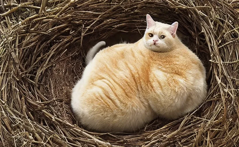 Prompt: david attenborough finds a fat cat in a big nest, shorthair, lots of eggs. national geographic, strange, photorealistic