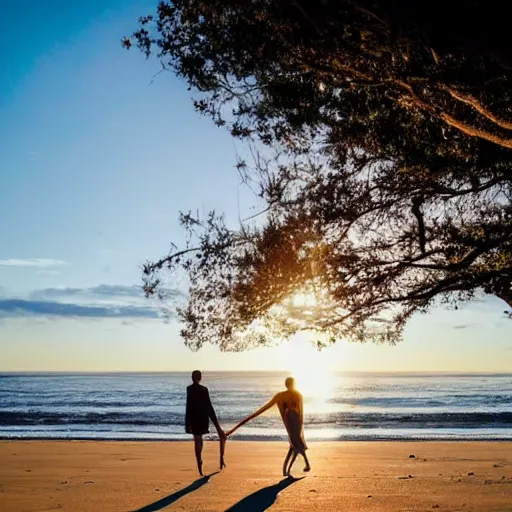 Prompt: Couple in their early thirties walking down a secluded beach during the golden hour quietly contemplating the newfound beauty discovered inside the other person while growing ever more deeply in trust and love between each other.