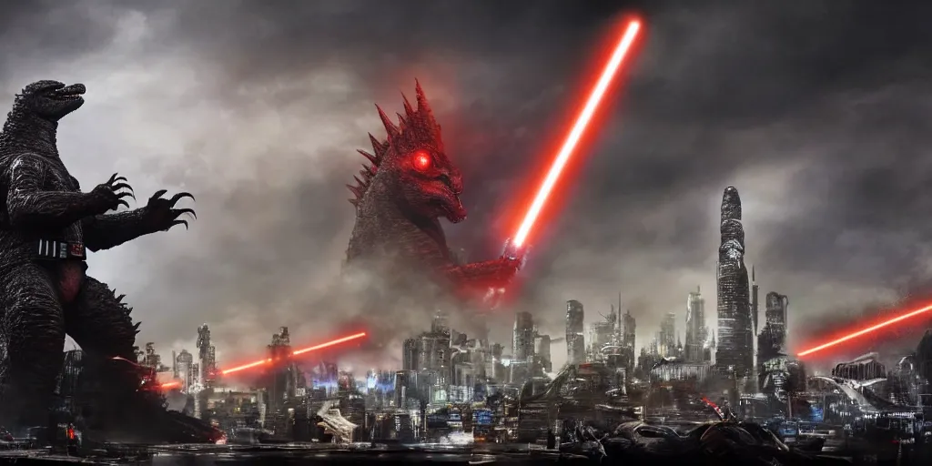 Prompt: a highly detailed intensely cinematic action scene showing Godzilla vs. Darth Vader, Godzilla is 700 feet tall towering and radiantly electrified , Darth Vader is 6 feet tall small but mighty using the dark side of the Force, Godzilla spewing electric flames at Vader, scenery set at nightfall in a war-torn cyberpunk post apocalyptic tokyo city scape, realistic scale, Vader 6ft 6in talk floating Japan, Godzilla towering over skyscrapers , 8k, wide angle panoramic shot, unreal engine 5, octane render