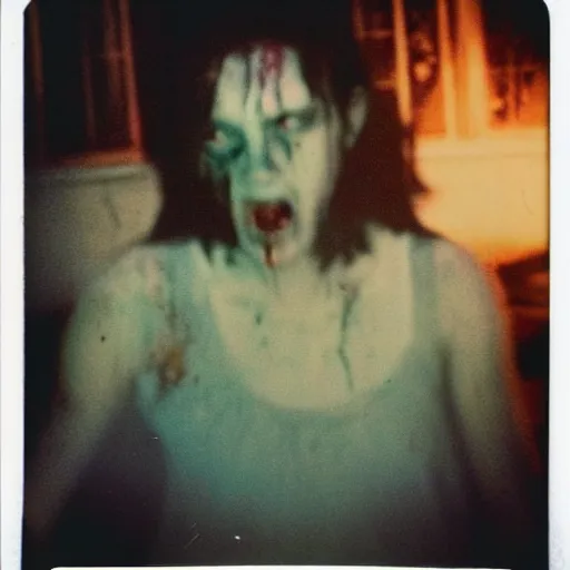 Image similar to a dark film still of demonic activity, big budget horror, a polaroid photo, bleeding decaying colors!