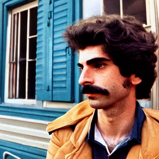 Prompt: a photo from 1 9 8 3 of yosef kavinsky standing in front of his new apartment by wes anderson