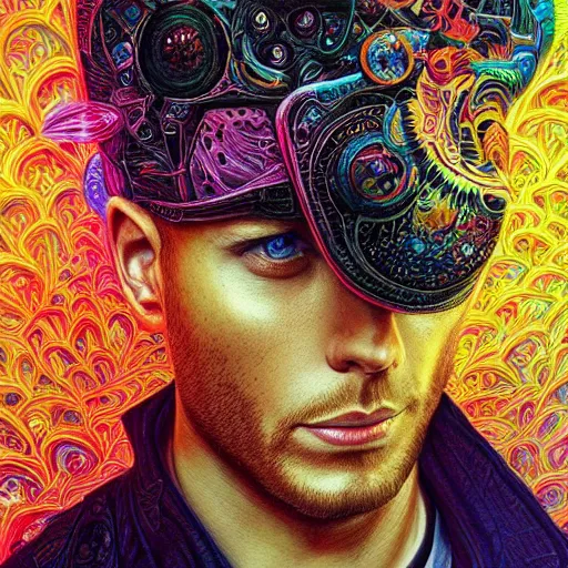 Prompt: portrait of jensen ackles, hyper detailed masterpiece, neon floral pattern, jean giraud, digital art painting, darkwave goth aesthetic, psychedelic, artgerm, donato giancola and tom bagshaw