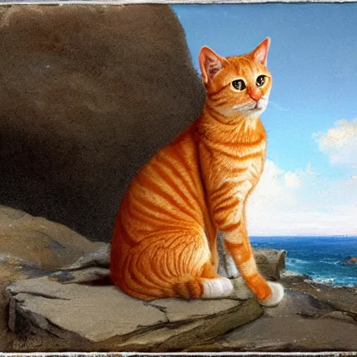 Image similar to orange tabby cat sitting on a rock overlooking the ocean, realistic lighting, highly detailed, rule of thirds, by charles angrand, peder balke