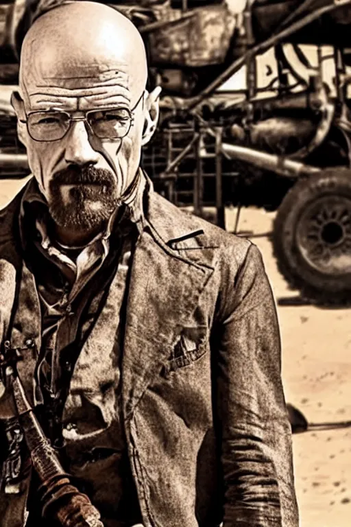 Image similar to steampunk walter white in mad max fury road