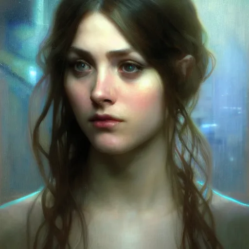 Image similar to hyperrealist portrait of a pretty young female android with large eyes and long hair standing in front of a computer simulation by jeremy mann and alphonse mucha, fantasy art, photo realistic, dynamic lighting, artstation, poster, volumetric lighting, very detailed faces, award winning