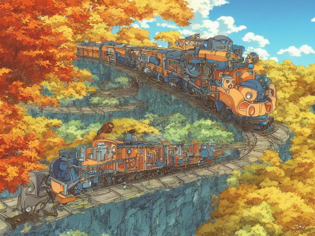 Prompt: longitudinal cut sideview of a anime train, autumn light, colorful, nausicaa of the valley of the wind, beautiful, by studio ghibli, digital art, concept art, manga, cute and adorable, illustration