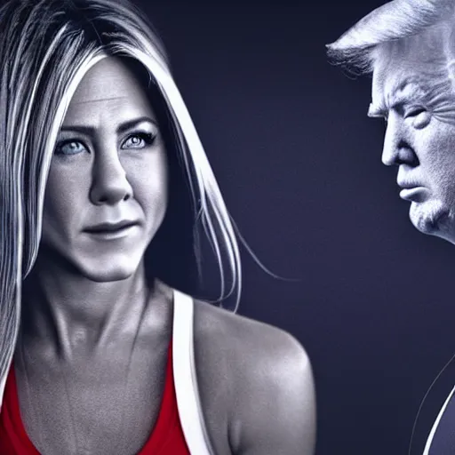 Image similar to photorealistic jennifer aniston punching donald trump. hyperdetailed photorealism, 1 0 8 megapixels, amazing depth, high resolution, 3 d shading, 3 d finalrender, 3 d cinematic lighting, glowing rich colors, psychedelic overtones, artstation concept art.