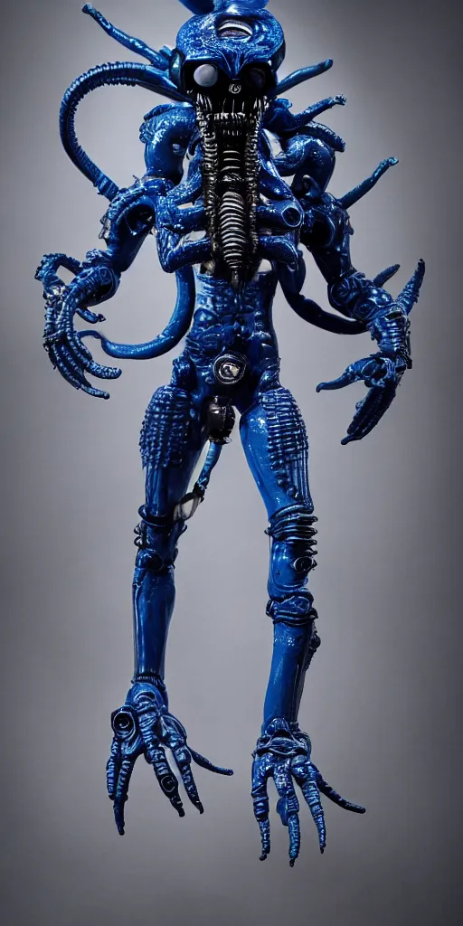 Prompt: blue demon with xenomorph intricated jewelry figure plastic jumping in a runway fashion show, realistic photography paparazzi by Nick Knight